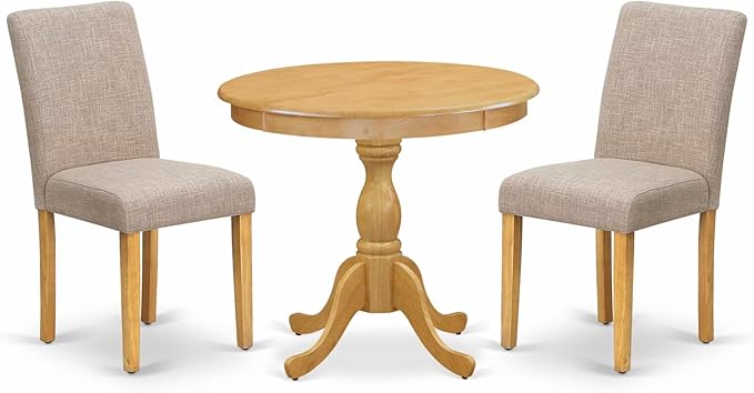 East West Furniture AMAB3-OAK-04 3 Piece Dining Set Contains a Round Kitchen Table with Pedestal and 2 Light Tan Linen Fabric Parson Dining Room Chairs, 36x36 Inch, Oak