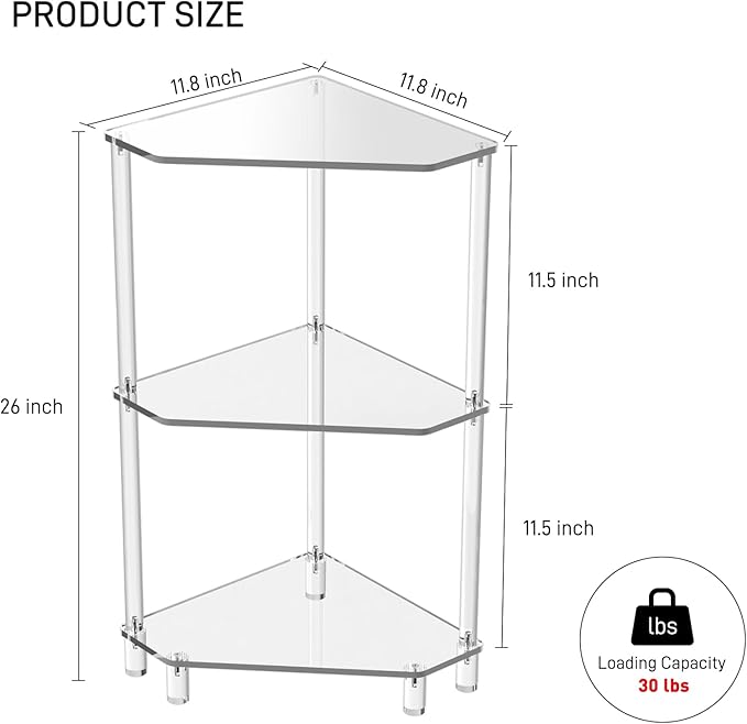 Eglaf Acrylic Corner Side Table - 3 Tier Triangle End Table - Small Side Table for Living Room, Bedroom, Bathroom - 11.8'' L x 11.8'' W x 26 ''H