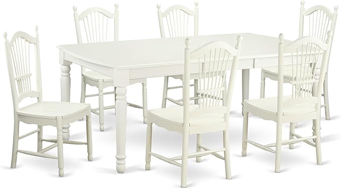 East West Furniture DOVE7-LWH-W 7 Piece Dining Table Set Consist of a Rectangle Dining Room Table with Butterfly Leaf and 6 Wooden Seat Chairs, 42x78 Inch, Linen White