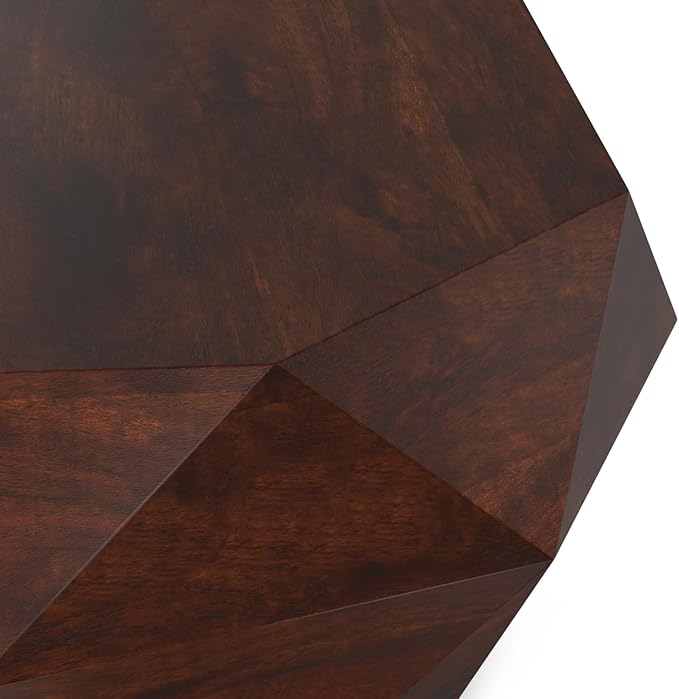 SIMPLIHOME Zayn Coffee Table - 35 inch Wide Solid Acacia Wood Geometric Drum Cocktail Table in Walnut Brown, Modern Living Room Table with Octogon-Shaped Tabletop and Faceted Design, Assembled