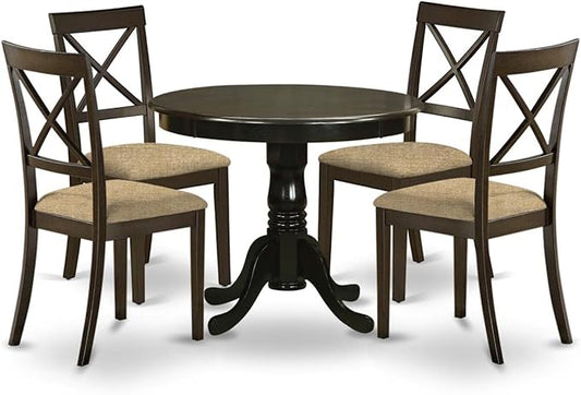East West Furniture HLBO5-CAP-C 5 Piece Dining Room Furniture Set Includes a Round Dining Table with Pedestal and 4 Linen Fabric Upholstered Chairs, 42x42 Inch, Cappuccino