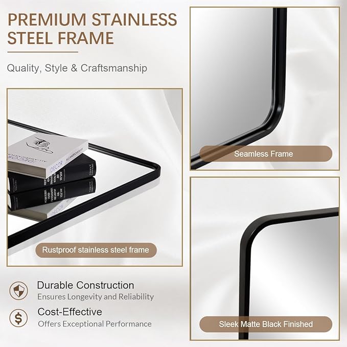 ANDY STAR 24x32 INCH Black Bathroom Mirror, Black Bathroom Vanity Mirrors for Wall, Rounded Rectangle Mirror for Bathroom, Tube Metal Frame, 1’’ Deep Wall Mounted Vertical/Horizontal