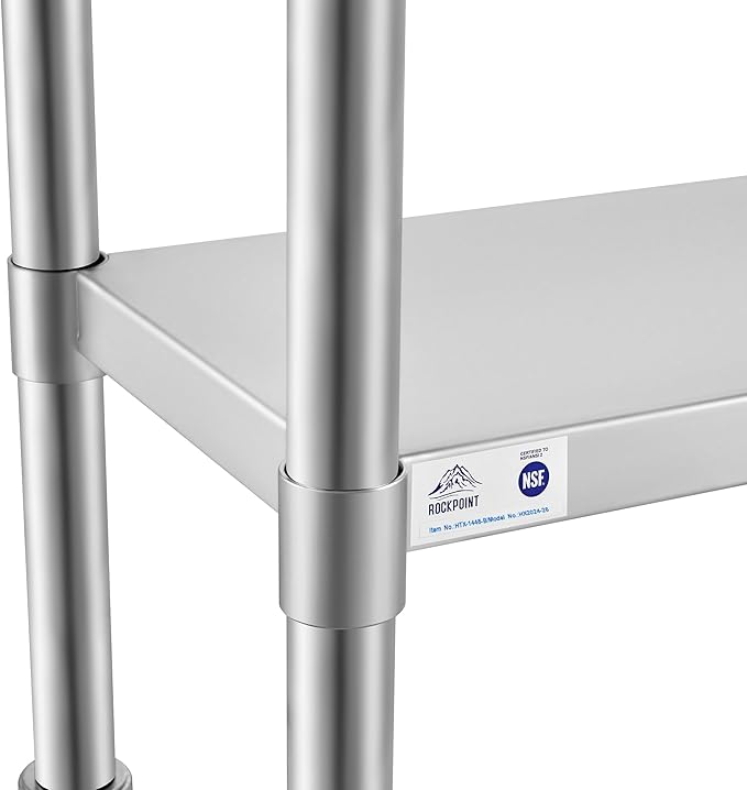 ROCKPOINT Stainless Steel Table for Prep & Work with Backsplash 14x48 Inches, NSF Metal Commercial Kitchen Heavy Duty Table with Adjustable Under Shelf and Table Foot for Restaurant, Home and Hotel