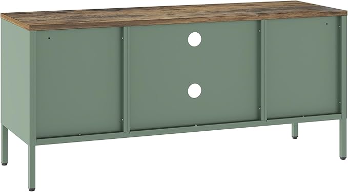 Manhattan Comfort Landen 47" Modern Metal TV Stand with Storage Cabinets & Open Shelves, Holds Up to 40" Screen, TV Console with Natural Wood Top, Cable Management, Adjustable Legs, Green