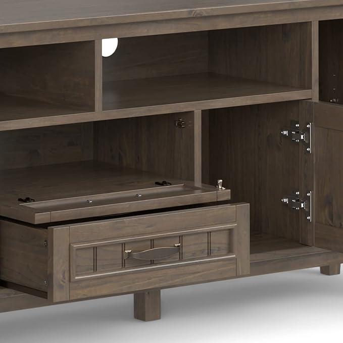 SIMPLIHOME Lev SOLID WOOD 72 Inch Wide Contemporary TV Media Stand in Smoky Brown for TVs up to 80 Inches, For the Living Room and Entertainment Center