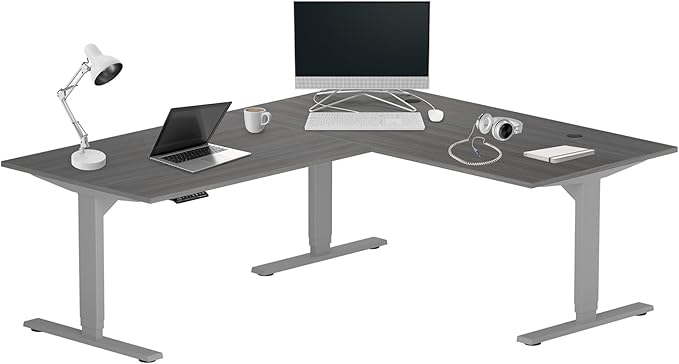 Progressive Desk Height Adjustable Computer Standing Desk - L Shaped 70" x 55" Corner Electric Stand Up Rising Workstation - Gray Oak, Gray Frame