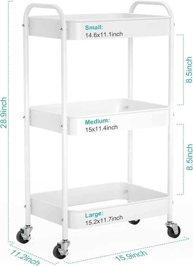 3-Tier Rolling Metal Storage Cart with Wheels, Multi-Functional Organizer for Office, Kitchen, Bathroom, Books Diapers - Easy Assembly (White)