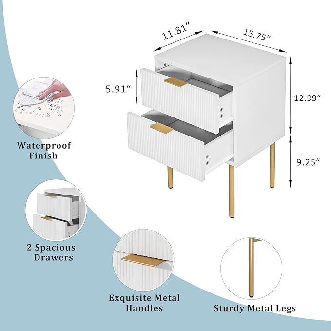 Masupu Nightstand,Mid-Century Modern Bedside Table with 2 Storage Drawer,Small Gold Frame Side End Table for Bedroom,Living Room, White