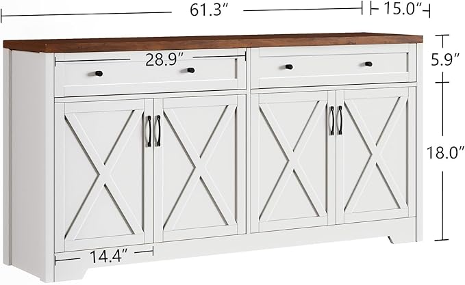 61'' Farmhouse Sideboard Buffet Cabinet with Storage, Large Kitchen Storage Cabinet with Barn Doors Drawers, Brown Coffee Bar Table for Dining Room Kitchen