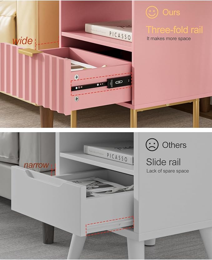 Nightstand,Modern Bedside Table with Gold Frame,Pink Night Stand,Bedside Furniture, Modern Side Table with Drawer and Shelf for Bedroom,Living Room (Pink)