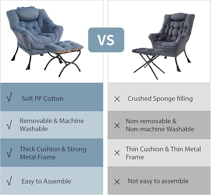 Lazy Chair with Ottoman, Modern Chair with Folding Footrest, Lounge Accent Chair, Comfortable Reading Chair (Plush Light Blue)