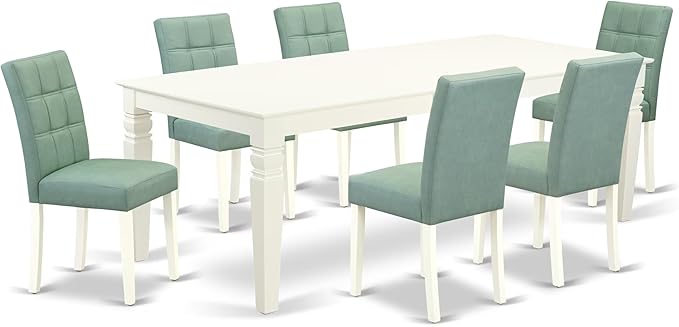 East West Furniture LGAS7-LWH-43 7 Piece Dining Set Contain A Mid Century Table and 6 Willow Green Polyester Fabric Mid Century Modern Dining Chairs, Linen White
