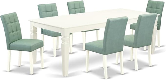 East West Furniture LGAS7-LWH-43 7 Piece Dining Set Contain A Mid Century Table and 6 Willow Green Polyester Fabric Mid Century Modern Dining Chairs, Linen White