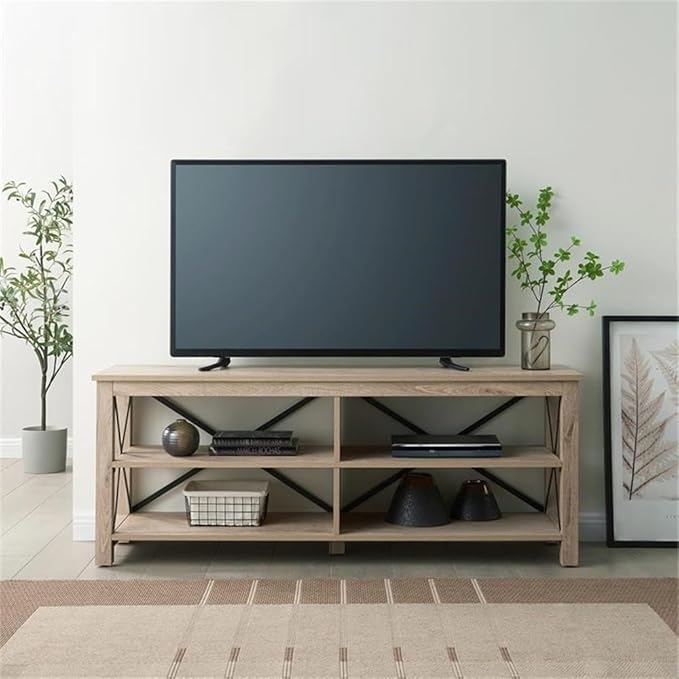 Henn&Hart Rectangular TV Stand for TV's up to 70" in White Oak, Electric Fireplace TV Stands for the Living Room