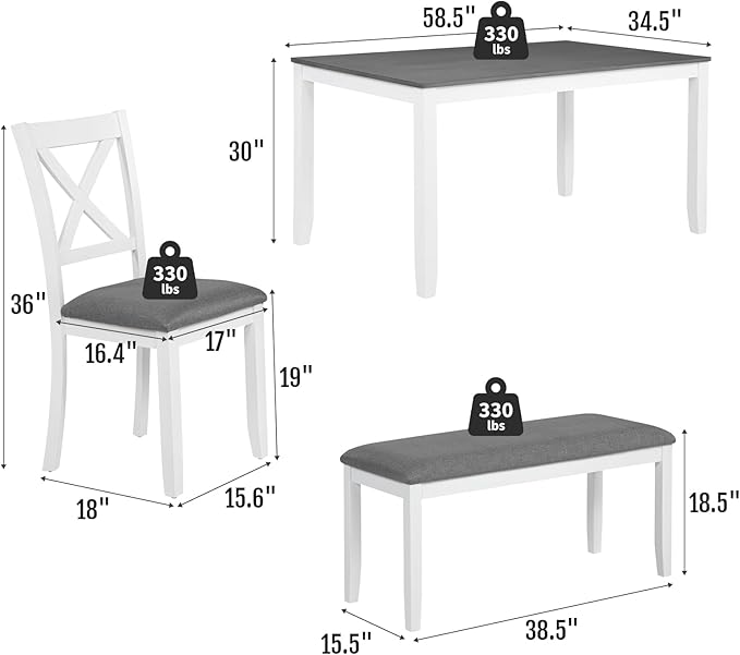 6-Piece Solid Wood Dining Table Set, Including 1 Dining Table, 4 Upholstered Chairs and 1 Bench, Wooden Legs Dining Table Set for Dining Room, Kitchen, Restaurant, White