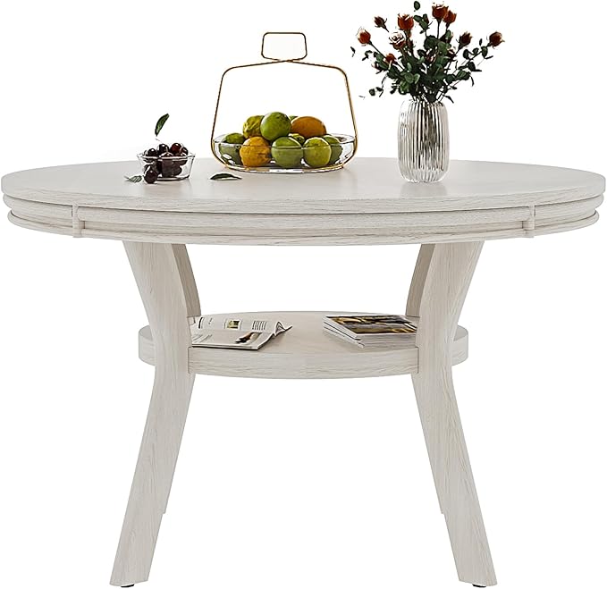 5-Piece Solid Wood Dining Table Set for 4, Round Kitchen Table Set with 4 Upholstered Chairs, Farmhouse Dining Sets for Kitchen, Dining Room, Rustic Grey