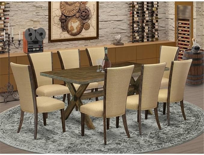 East West Furniture X777VE703-9 9 Piece Dining Room Furniture Set Includes a Rectangle Dining Table with X-Legs and 8 Brown Linen Fabric Upholstered Chairs, 40x72 Inch, Multi-Color