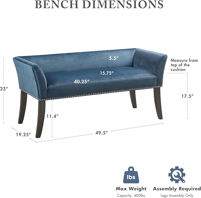 Madison Park Accent Bench, Upholstered with Nailhead Trim, & Padded Seat Entryway Bench Small, End of Bed Bench with Back, 49.5" W x 19.25" D x 23" H, Blue
