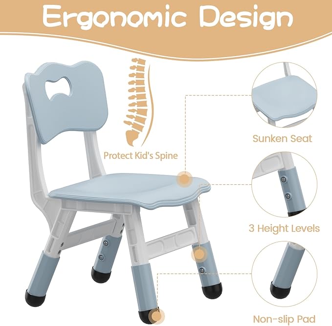 GarveeHome Kids Table and 2 Chairs Set, Height Adjustable Toddler Table and Chair Set for 2, Graffiti Desktop, Non-Slip Design, Children Table for Home Daycare Preschool for Ages 2-8, Gray Blue