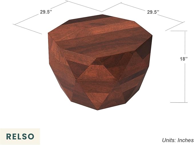 Octavian Coffee Table - Solid Wood Round Drum Center Table for Living Room with Geometric Faceted Design | Walnut Finish Accent Table, Modern Decor, Farmhouse Table | No Assembly Required (18 inch H)