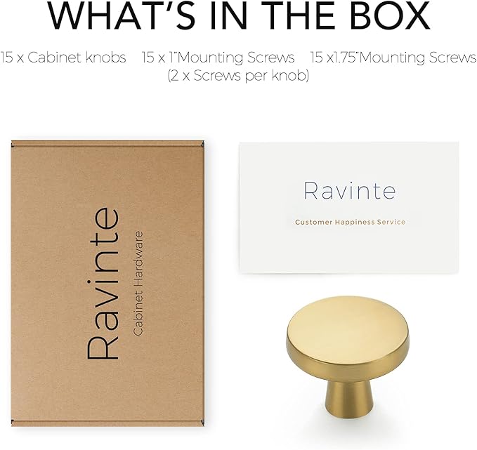 Ravinte 15 Pack Drawer Pulls 1-1/4 Inch Brushed Brass Kitchen Cabinet Knobs Solid Round Gold Dresser Handles for Simple Cupboard Hardware