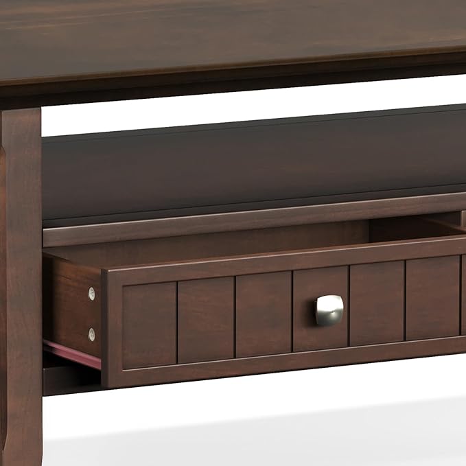SIMPLIHOME Acadian Coffee Table - 48 inch Wide Solid Wood Transitional Cocktail Table with 2 Drawers in Brunette Brown, Classic Living Room Table with Storage Shelf and Tapered Legs