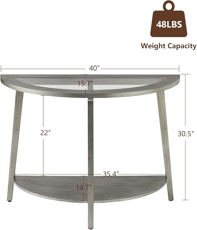 COSIEST 2-Tier Glass Console Table, Semi-Circular MDF Entryway Table with Storage Shelf, Modern Wood Sofa Side Table for Bedroom Living Room Hallway, Antique Silver