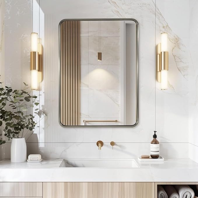 ANDY STAR 22x30'' Brushed Nickel Bathroom Mirror, Rounded Rectangle Brushed Silver Mirror for Bathroom Vanity SUS304 Metal Tube Framed(Rustproof) 1’’ Deep Wall Mounted Vertically/Horizontally