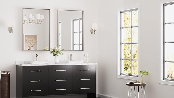 Keonjinn 24 x 36 In Brushed Nickel Bathroom Mirror, Rectangular Metal Framed Wall Vanity Mirror for Over Sink Square Corner Aluminum Alloy Modern Farmhouse Rectangle Silver Mirror(Horizontal/Vertical)