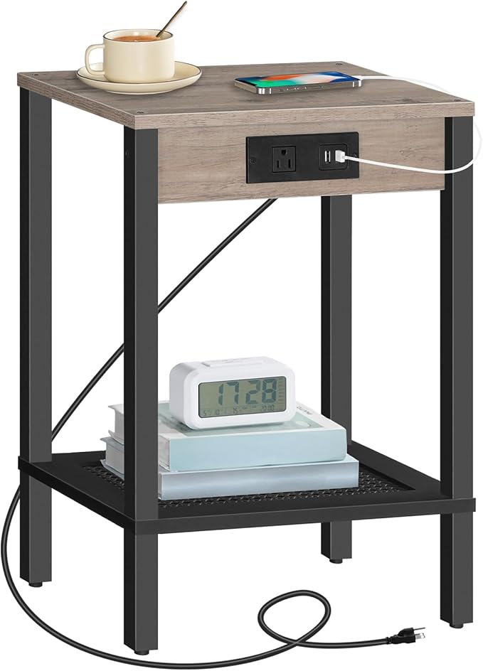 HOOBRO Side Table with Charging Station, End Table with USB Ports and Outlet, Nightstand with Storage Shelf, Faux Rattan Decoration, for Living Room, Bedroom, Greige and Black BG91UBZ01