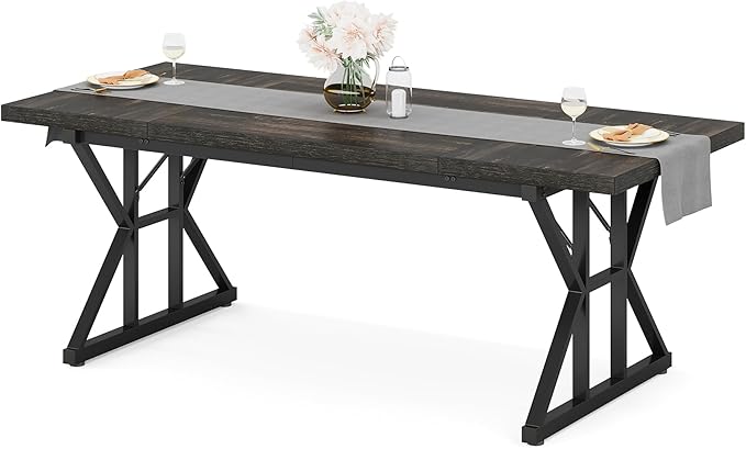 Tribesigns Farmhouse Dining Table for 6 People, 70.8-Inch Rectangular Wood Dining Table, Rustic Kitchen Table with Heavy Duty Metal Legs for Dining Room (Black, 70.8 Inch)