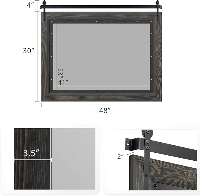 YOSHOOT Farmhouse Barn Door Mirror, 48"x30" Rustic Bathroom Mirror, Wood Frame Wall Mirror, Wooden Mirror for Living Room Bedroom Entryway Wall Décor, Horizontal Hanging ONLY
