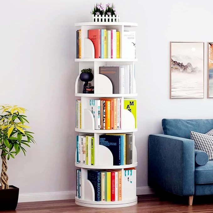 Nisorpa 5 Tier Rotating Bookshelf, 360° Revolving Bookcase Rotating Stackable Shelves Floor-Standing Storage Display Rack Used in Bedrooms Living Rooms Study Office (63"x18"x18")