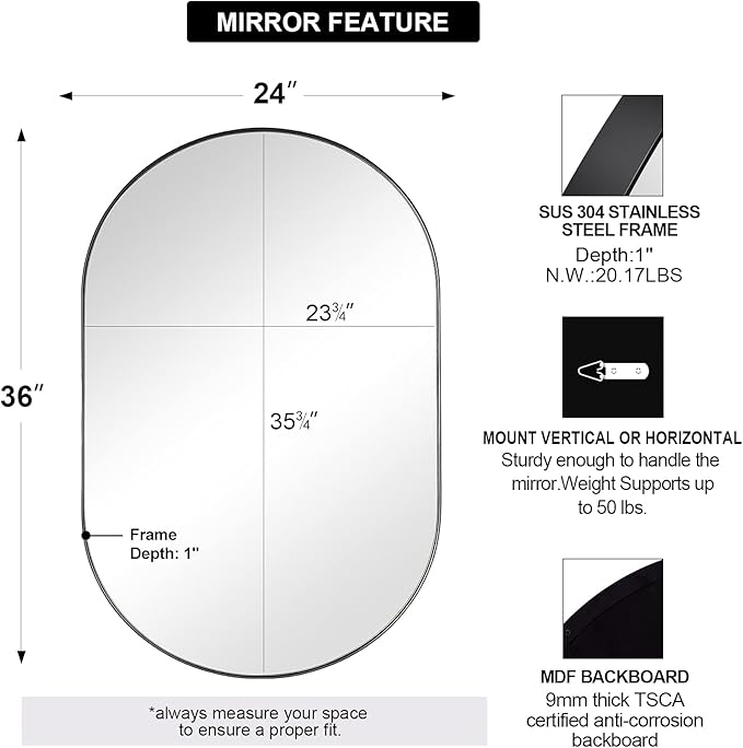 ANDY STAR Black Oval Mirror, 24x36 Oval Black Mirror in Stainless Steel Metal Frame for Bathroom, Entryway, Living Room, Contemporary 1" Deep Set Design Wall Mount Hangs Vertical or Horizontal