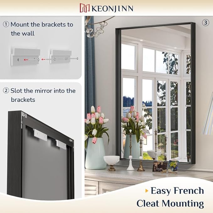 Keonjinn Black Mirror for Bathroom 20 x 30 Inch Brushed Framed Mirror, Rectangle Wall Mount Mirror Square Corner Modern Farmhouse Decorative Bathroom Vanity Mirror for Over Sink(Horizontal/Vertical)