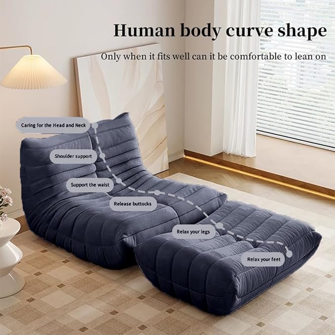 Bean Bag Chair - Memory Foam Bean Bag Chair for Adults, Comfy High-Resilience Single Sofa, Small Space Floor Chair, Chaise Lounge for Living Room, Bedroom (Dark Blue, Wrinkles+Ottoman)