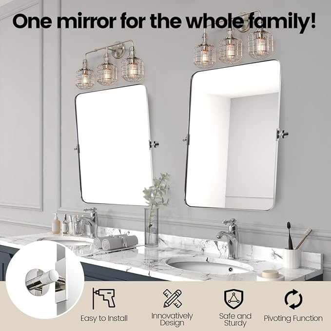 MOON MIRROR Polished Chrome Pivot Mirror for Bathroom, Tilt Bathroom Vanity Rounded Rectangle, Overall 26.33 x 30 in (Mirror 22x 30 in)
