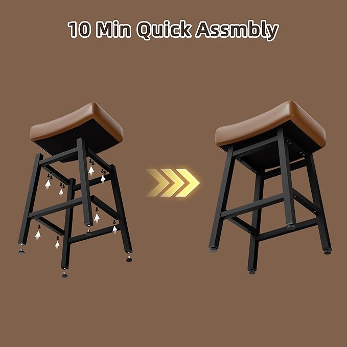 Counter Height Bar Stools Set of 2, 24 Inch Backless BarStools for Kitchen Island Leather Saddle Bar Chairs Kitchen Stools with 4" Thick Seats & Heavy Duty Metal Base, Brown