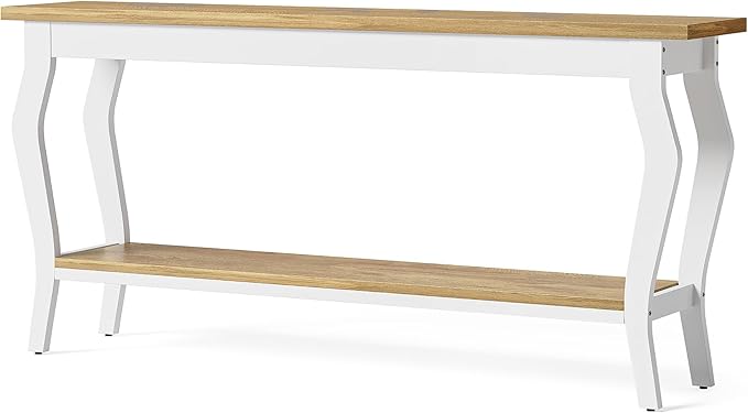LITTLE TREE 70.9 Inches Long Console Table, 2-Tier Vintage Wooden Sofa Table Behind The Couch with Metal Legs for Hallway, Entryway, Living Room, White & Light Oak