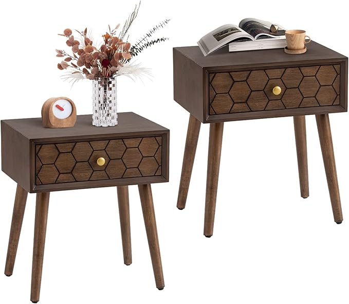 COSIEST Mid-Century Nightstand, Modern MDF Bedside Table, Accent Wood End Table with One Storage Drawer for Bedroom Living Room(Brown,2 Pieces)