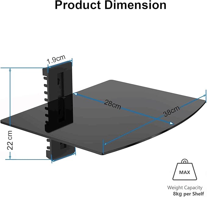 suptek Glass Floating Shelf, 1 Tier Media Shelf for TV Accessories, Flat Black Wall Mount Bracket, 17.6lbs Weight Capacity, Quick Installation, Cable Management, Custom Style, Backless