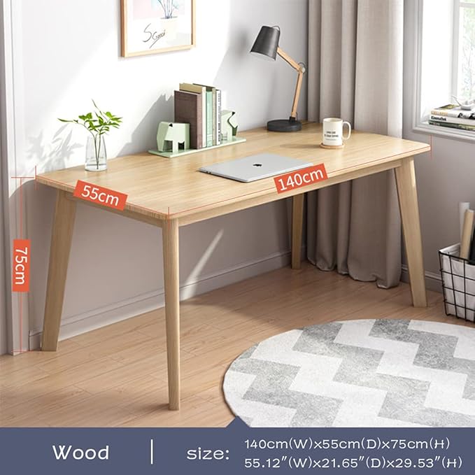 IOTXY Simple Wooden Writing Desk - Modern Minimalist Style PC Laptop Computer Workbench with Solid Wood Legs, 55" W Home Office Work Table for TV Stand Music Video Live Broadcast Workstation, Oak