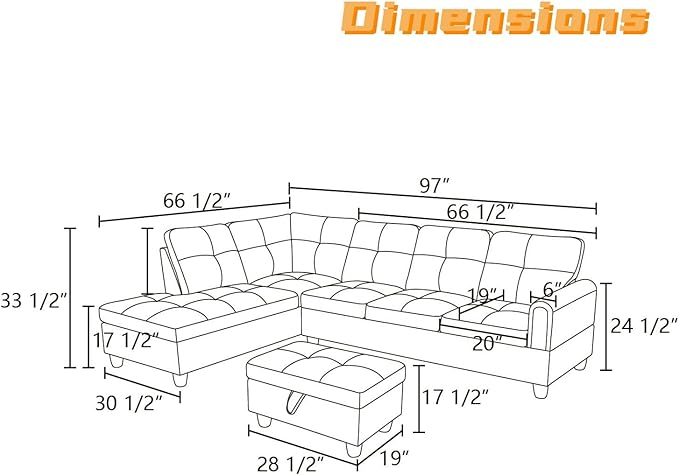L Shaped Sectional Couch with Otttoman, 97" Sectional Sofa for Living Room Flannel Modular Couches with Cup Holders for Bedroom, Apartments, Grey