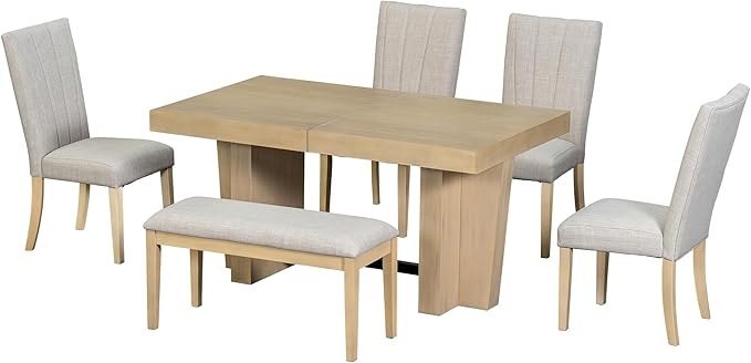 Ball & Cast 6 Piece Farmhouse Dining Table Set with Extendable Table,4 Upholstered Chairs & 1 Bench,Wooden Kitchen Table Set of 6,Backrest Chair with Table & Upholstery-Bench,for Dining Room,Natural
