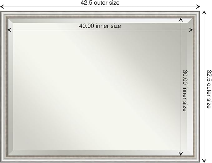 Amanti Art Silver Bathroom Mirror for Over Sink, 33x43 Salon Silver Narrow Rectangle Vanity Mirror, X-Large Traditional Frame, Hangs Horizonally and Vertically, Bathroom Wall Decor, Beveled Edge