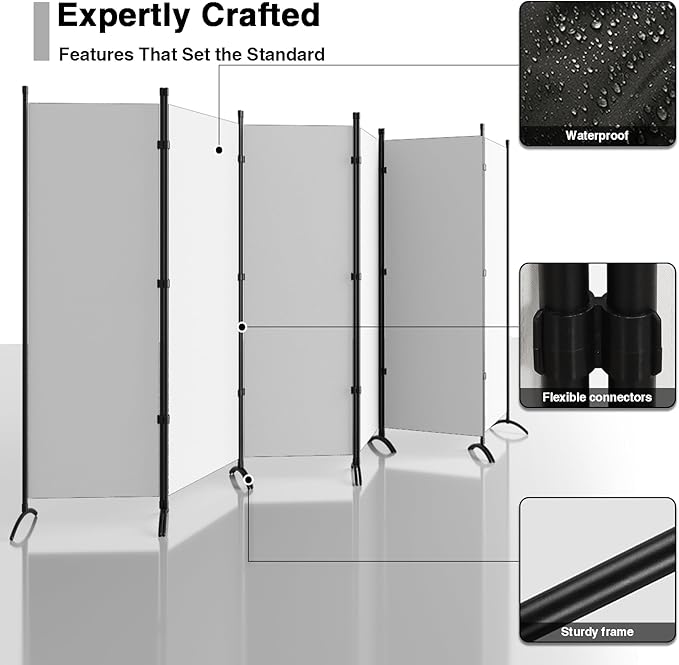 Room Divider 6-Panel Privacy Screen, Portable Screen Steel Frame with Hook&Loop for Home, Office, Classroom, Studio, Meeting (White)