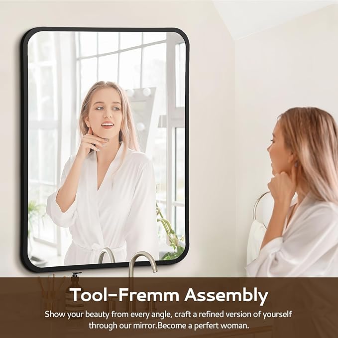 24x36 Rounded Rectangle Bathroom Mirrors for Over Sink, Black Vanity Mirror with Metal Frame Wall Mounted, Modern Farmhouse Mirror for Restroom, Bedroom, Entryway Decor