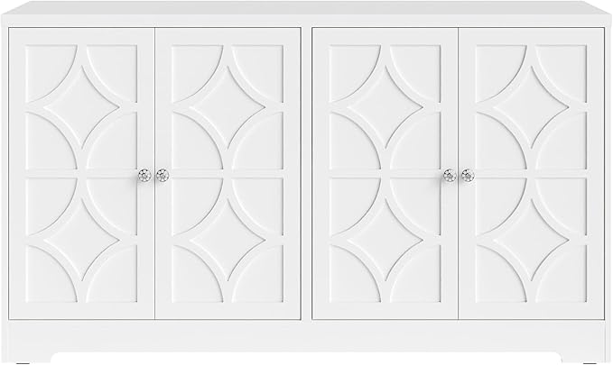 Sideboard Buffet with 4 Doors, Mid-Century Sideboard Cabinet with Adjustable Shelves, Accent Cabinet for Entryway, Living Room, Dining Room, White