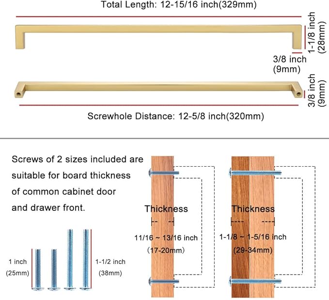 KOOFIZO Solid Square Bar Cabinet Handle - Brushed Gold Furniture Pull, 12.6 Inch/320mm Screwhole Distance, Pack of 5 for Kitchen Cupboard Door, Bedroom Dresser Drawer, Bathroom Wardrobe Hardware