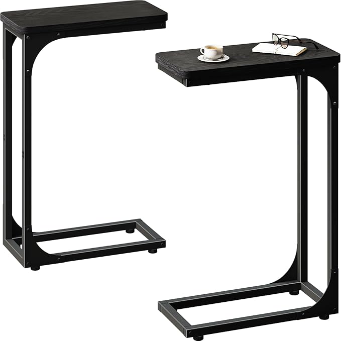 QEEIG Narrow C Shaped Side Table Set of 2 Living Room Sets Slim Couch Tray Tables Skinny Thin Small Modern 7 inch Width, Black (017-18B)